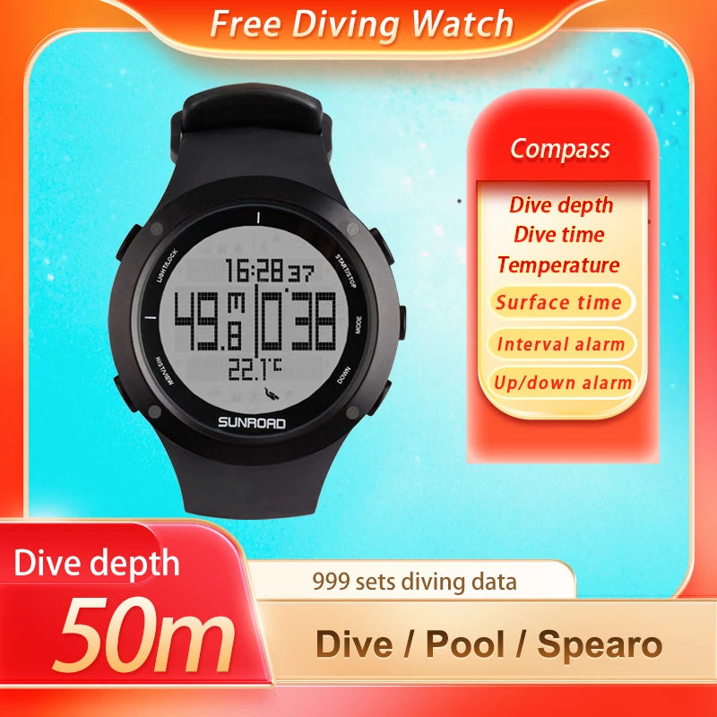 100M Waterproof Free Diving Watch Dive Time Surface Interval For Freediving Spearfishing Durable Silicone Strap Wholesale