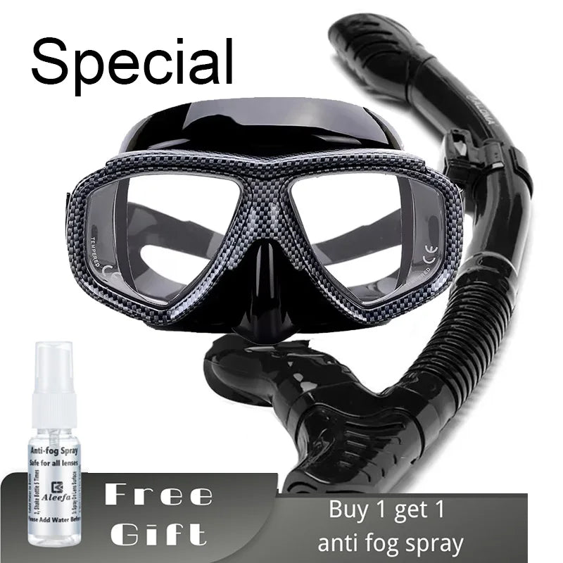 Myopia Diving Mask Snorkel Set with anti fog Spray for spearfishing gear swimming masks googles nearsighted lenses short-sighted
